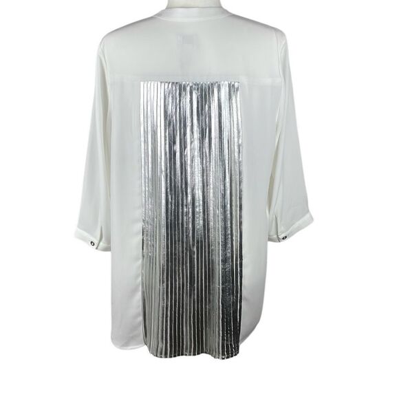 Chico’s Metallic Pleats Tenna II 3/4 Sleeve Blouse 1 Optic White Silver - Picture 1 of 16